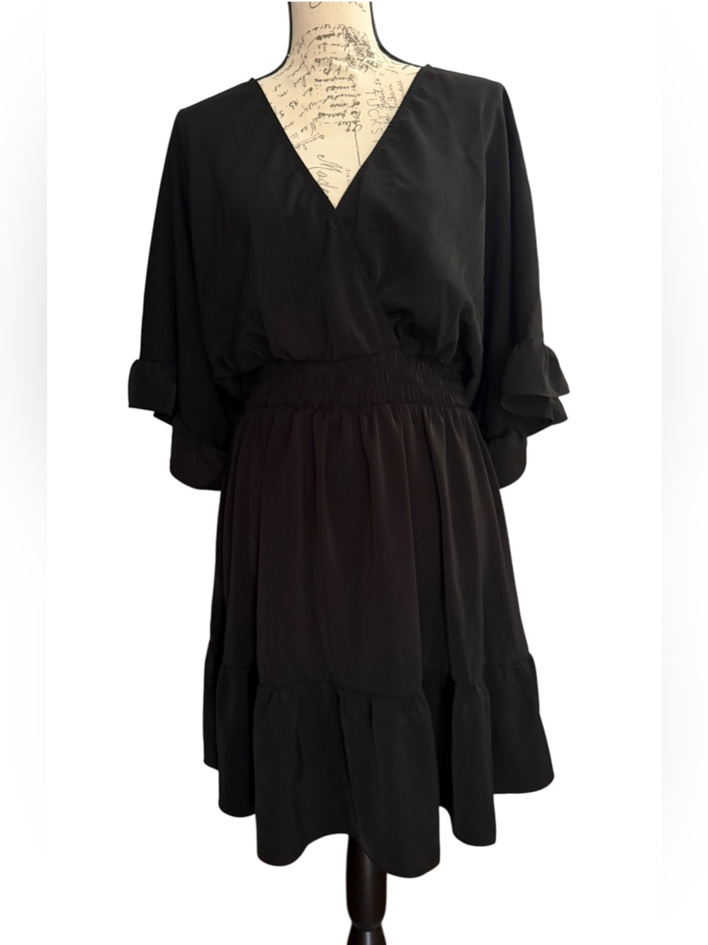 SHEIN Black V-Neck Smocked Waist Ruffle Hem Mini Dress
